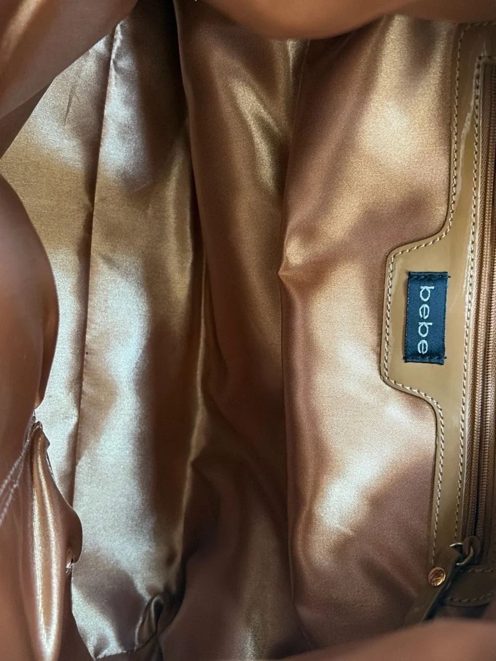 bebe Brown Suede & Patent Hobo with Gold Charm Chain